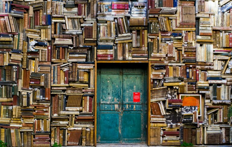 blue wooden door surrounded by book covered wall